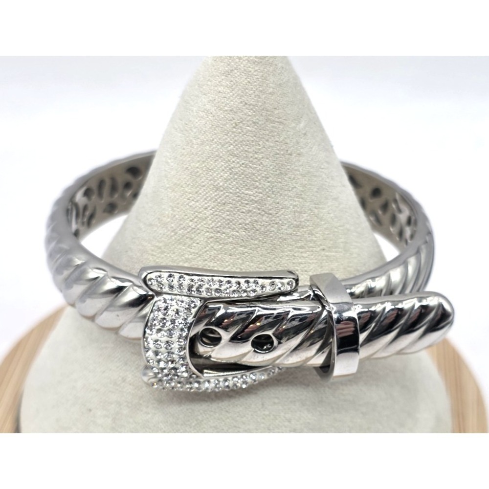 Belt Buckle Bracelet Ribbed‎ Clear Rhinestones 6.5"-7.25" Adjustable Silver Tone